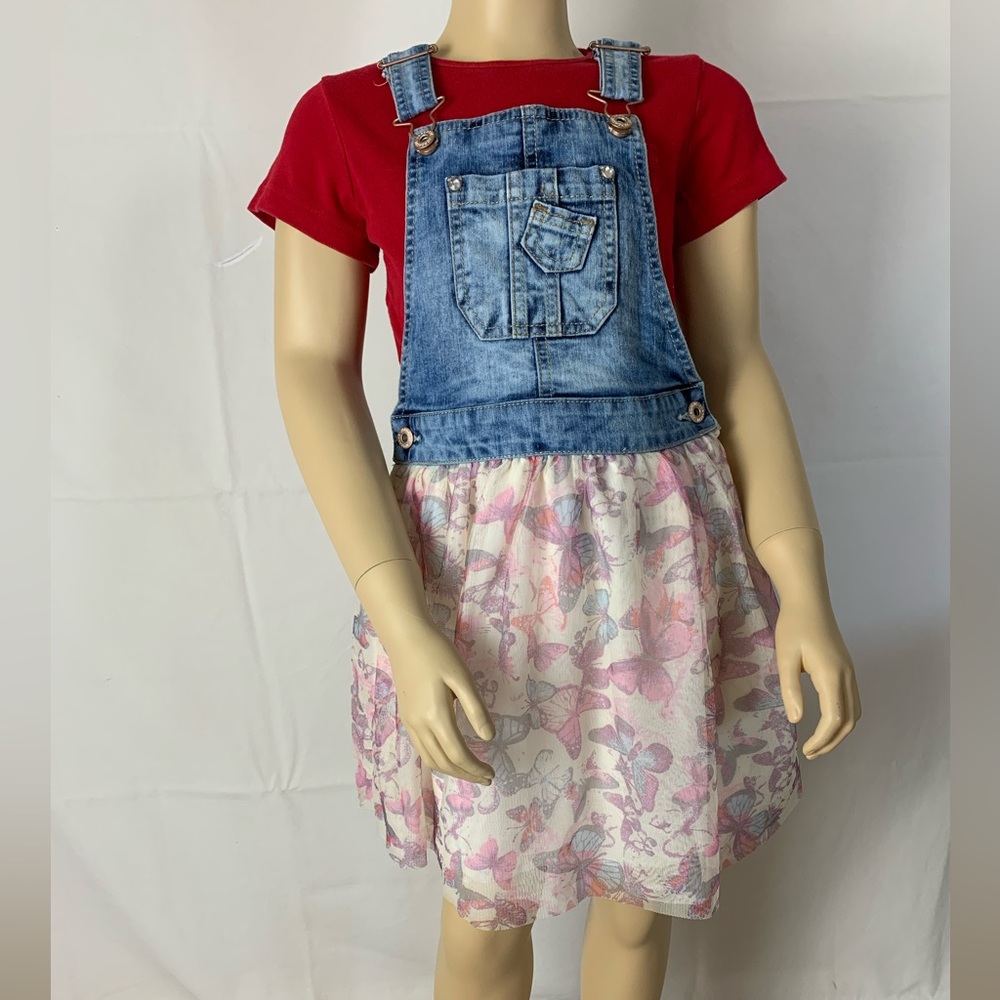 Jordache Girls Skirtall Blue Light-Wash Denim Upper, Butterfly Prints Skirt M7/8